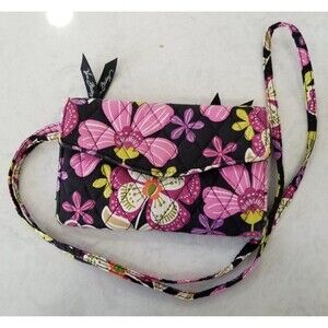 Vera Bradley Black/Pink Floral Quilted Cotton Crossbody Wallet Organizer READ